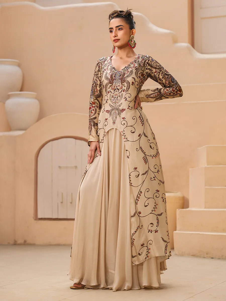 Cream raw silk printed floor length suit