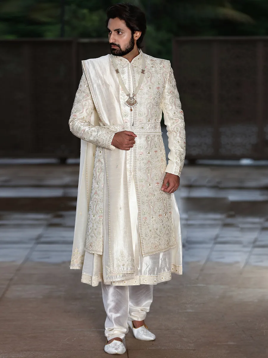 Cream raw silk wedding sherwani