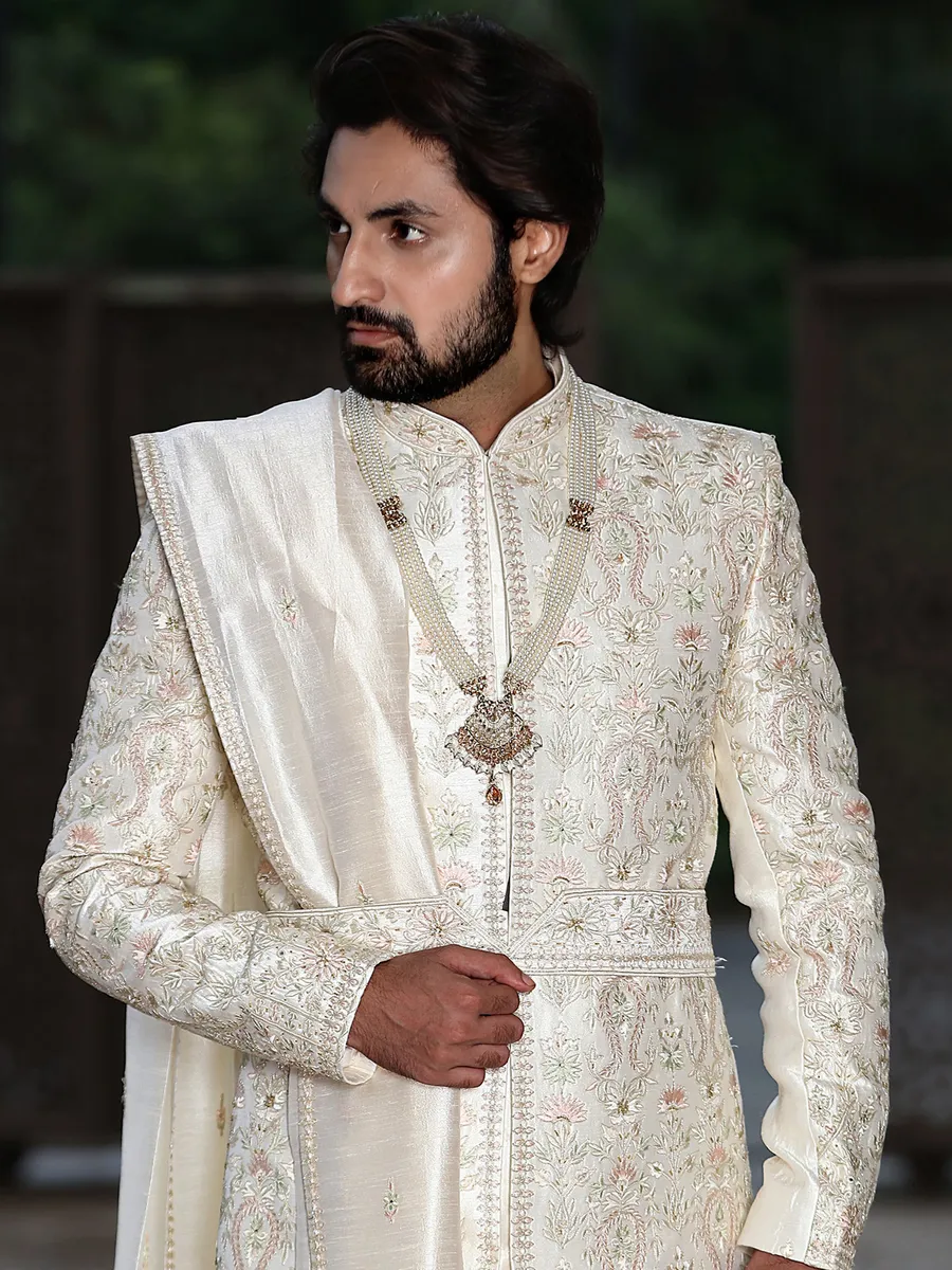 Cream raw silk wedding sherwani