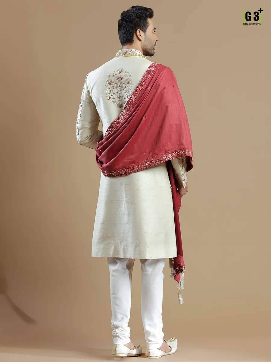 Cream rich raw silk groom wear sherwani