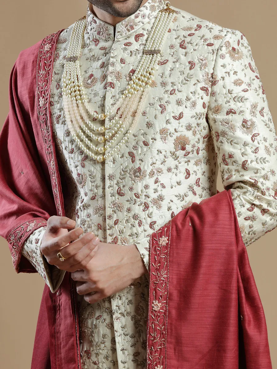 Cream rich raw silk groom wear sherwani