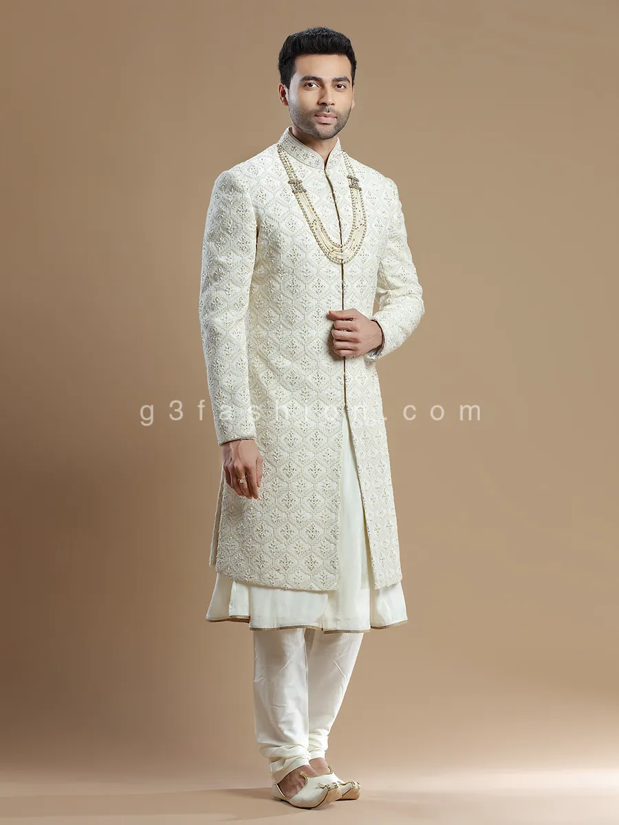 Cream rich raw silk groom wear sherwani