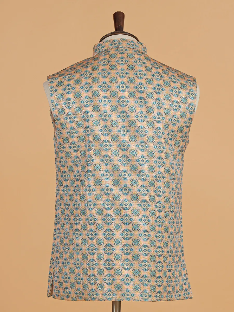 Cream sequins worked cotton silk waistcoat