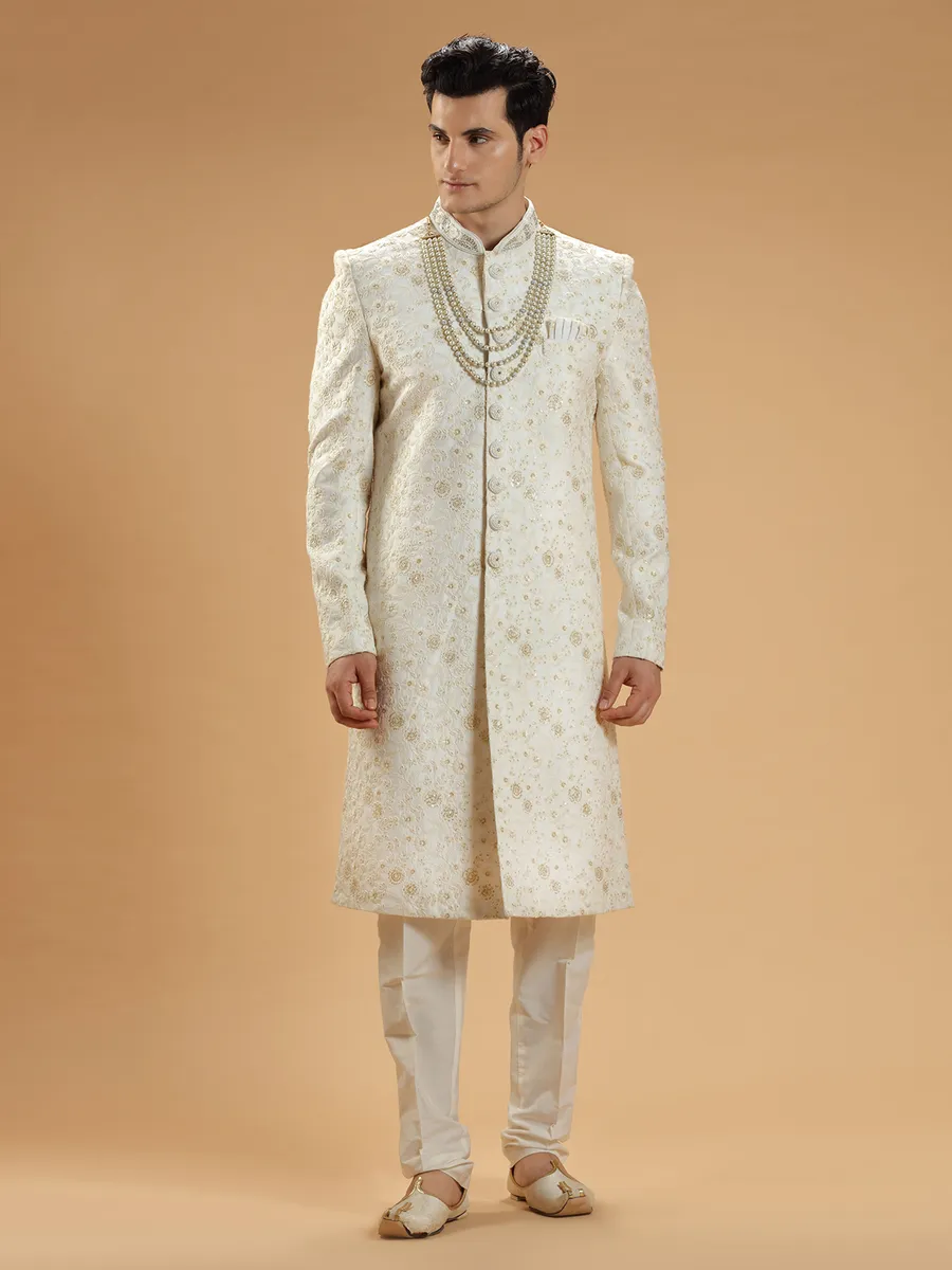 Cream sherwani in silk with embroidery