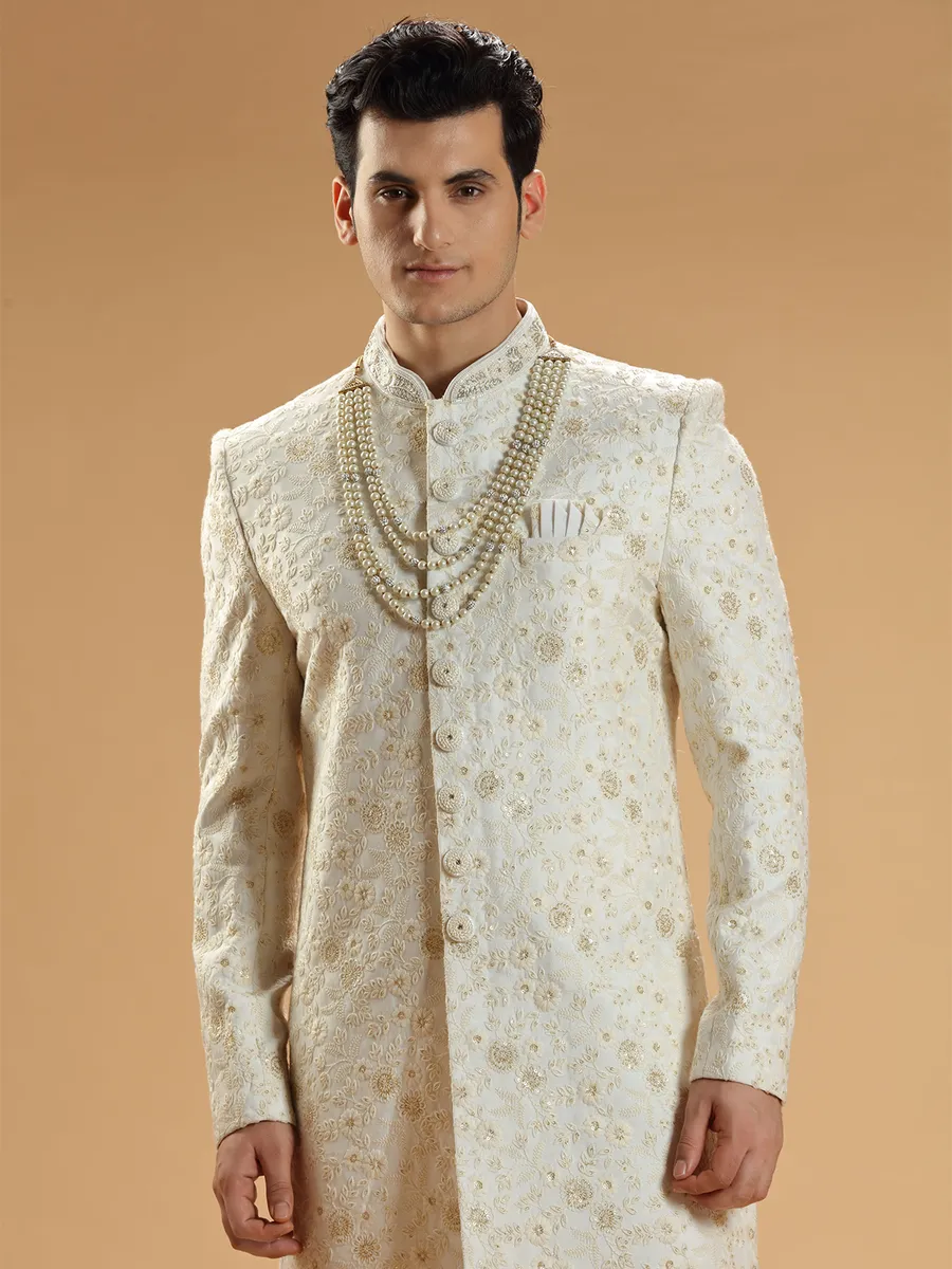 Cream sherwani in silk with embroidery