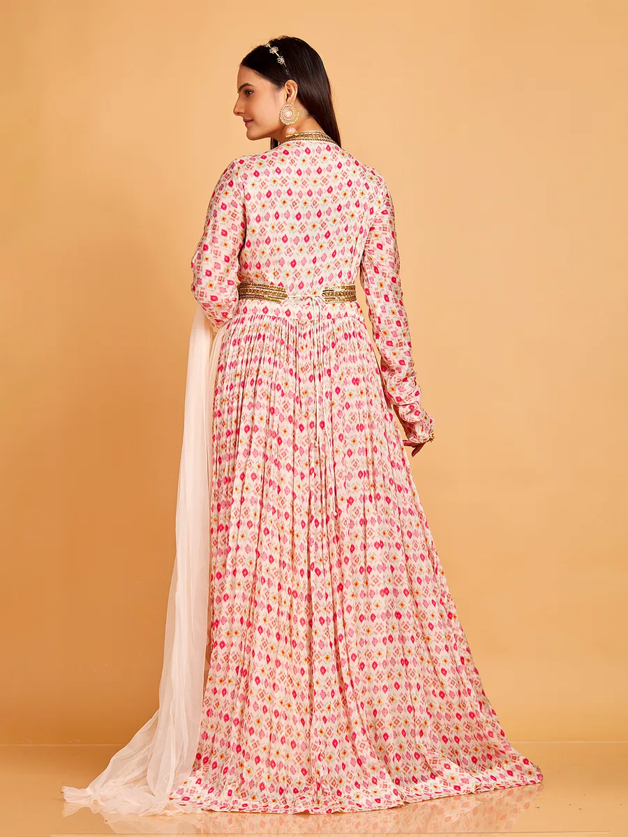 Cream silk anarkali suit with floral print