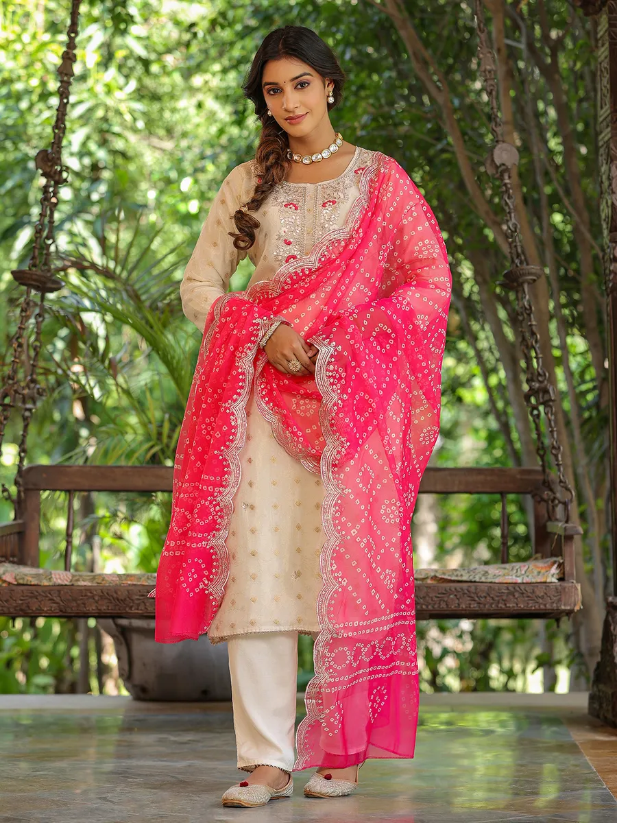 Cream silk kurti set with pink dupatta