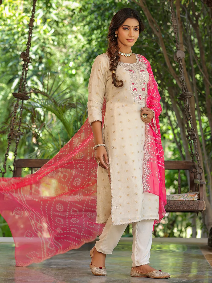 Cream silk kurti set with pink dupatta