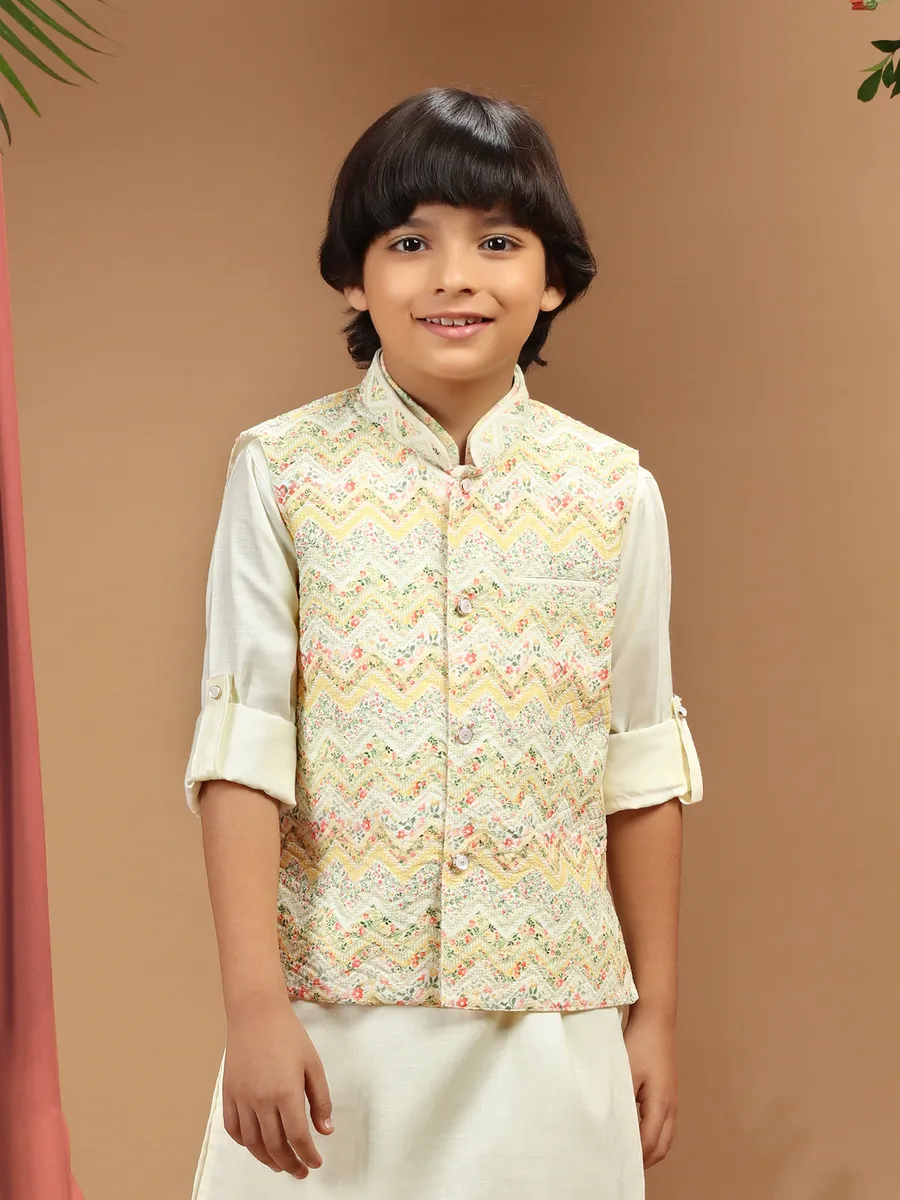 Cream silk printed boys waistcoat set