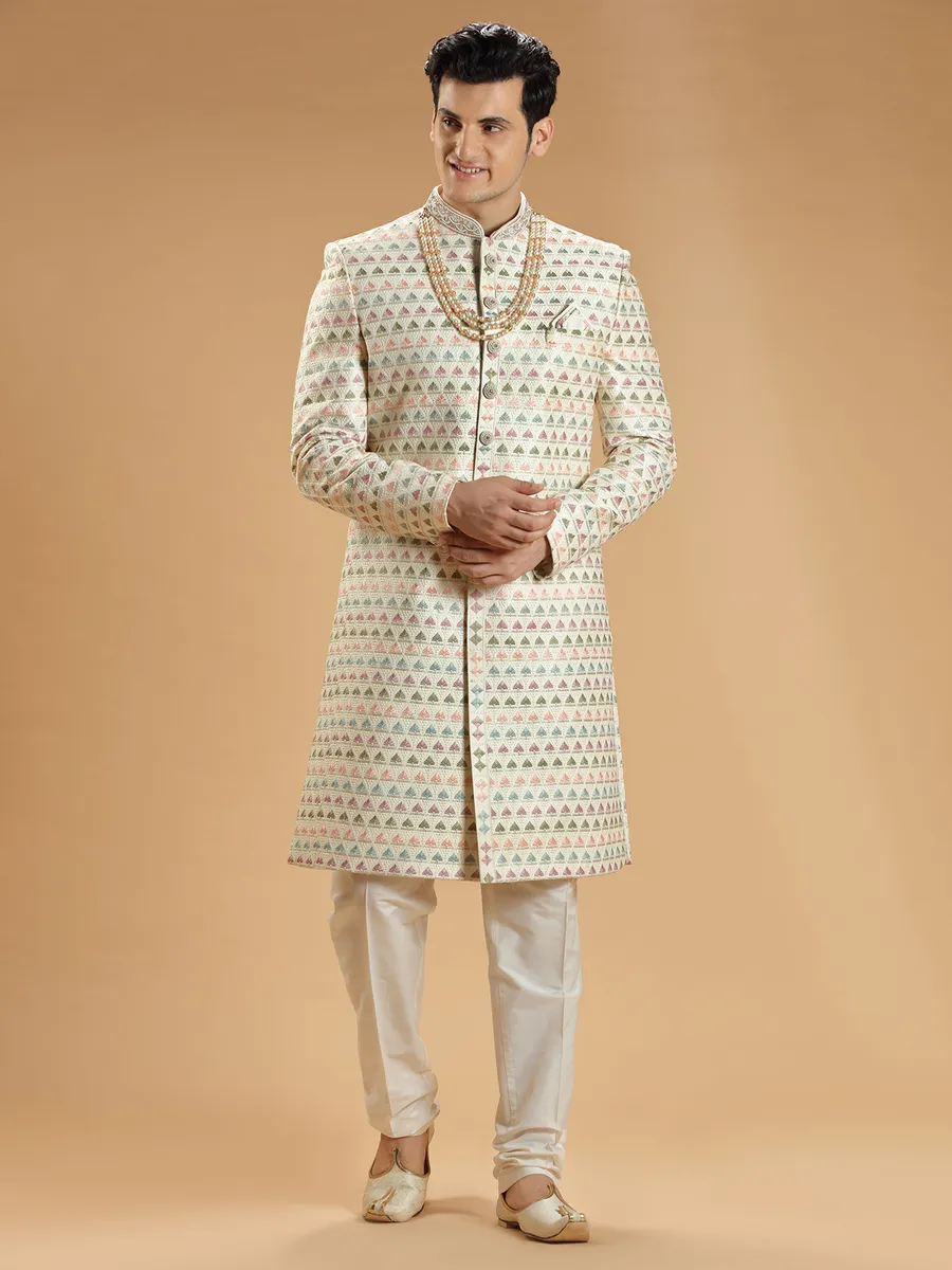 Cream silk sherwani with embroidery