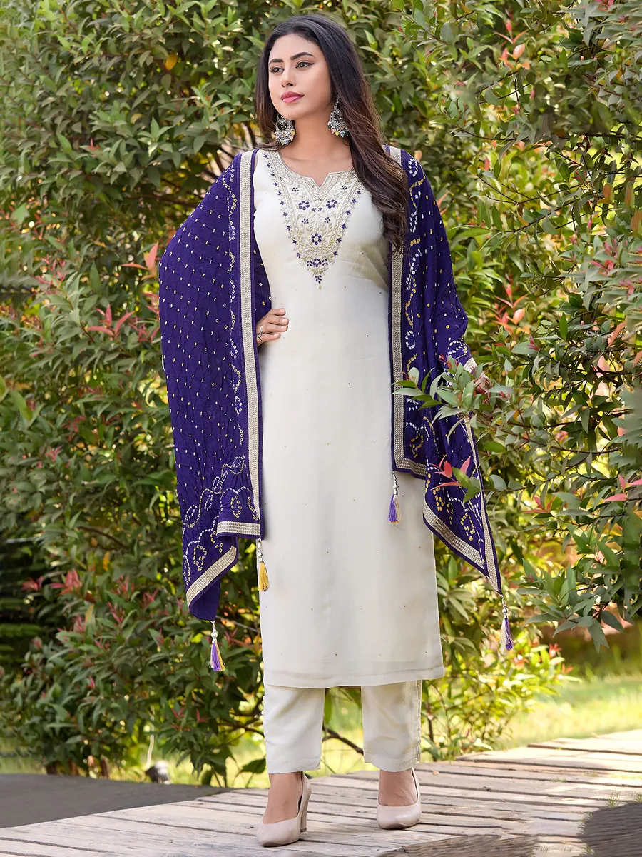 Cream straight cut silk salwar suit for festive