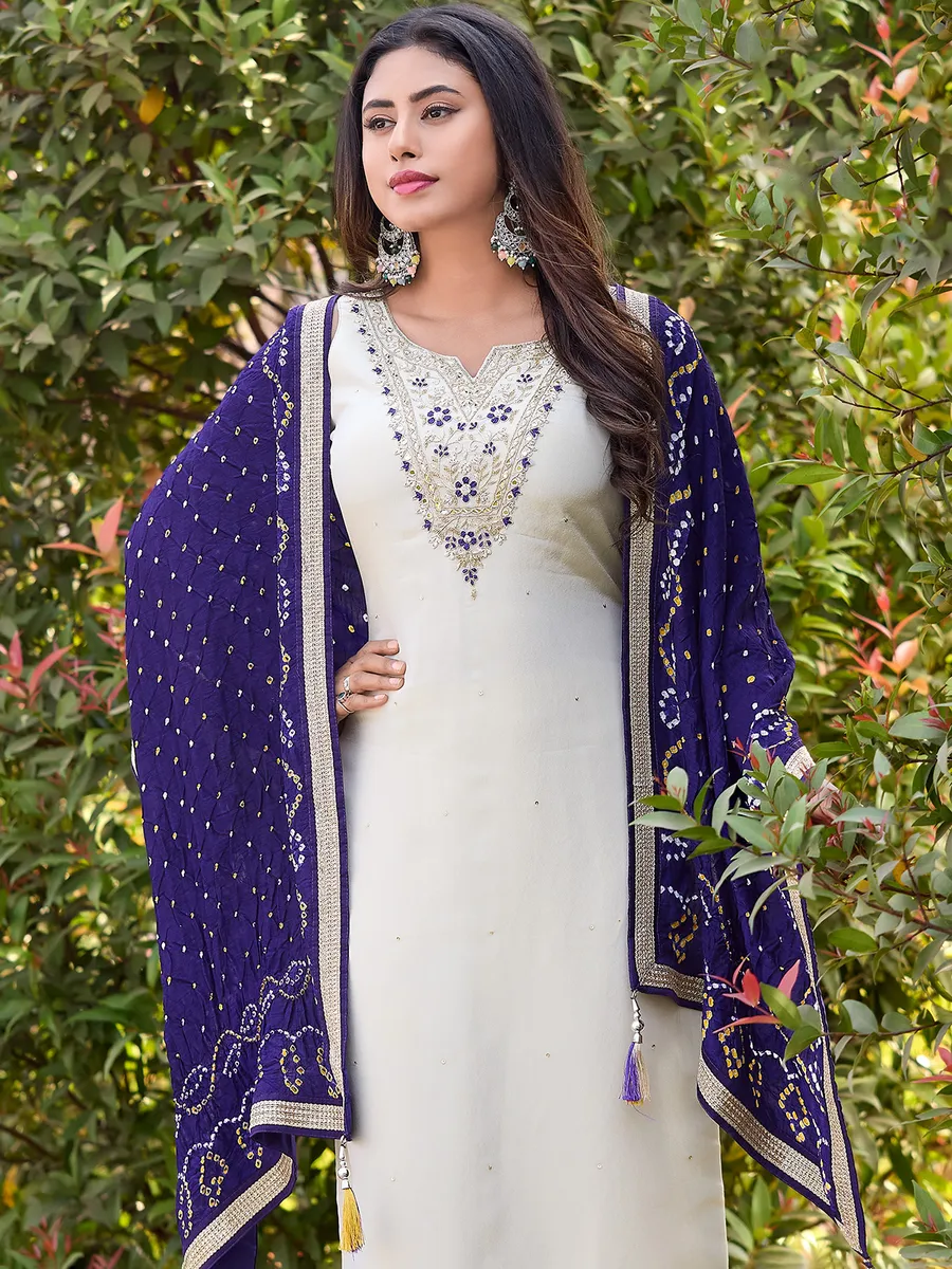 Cream straight cut silk salwar suit for festive