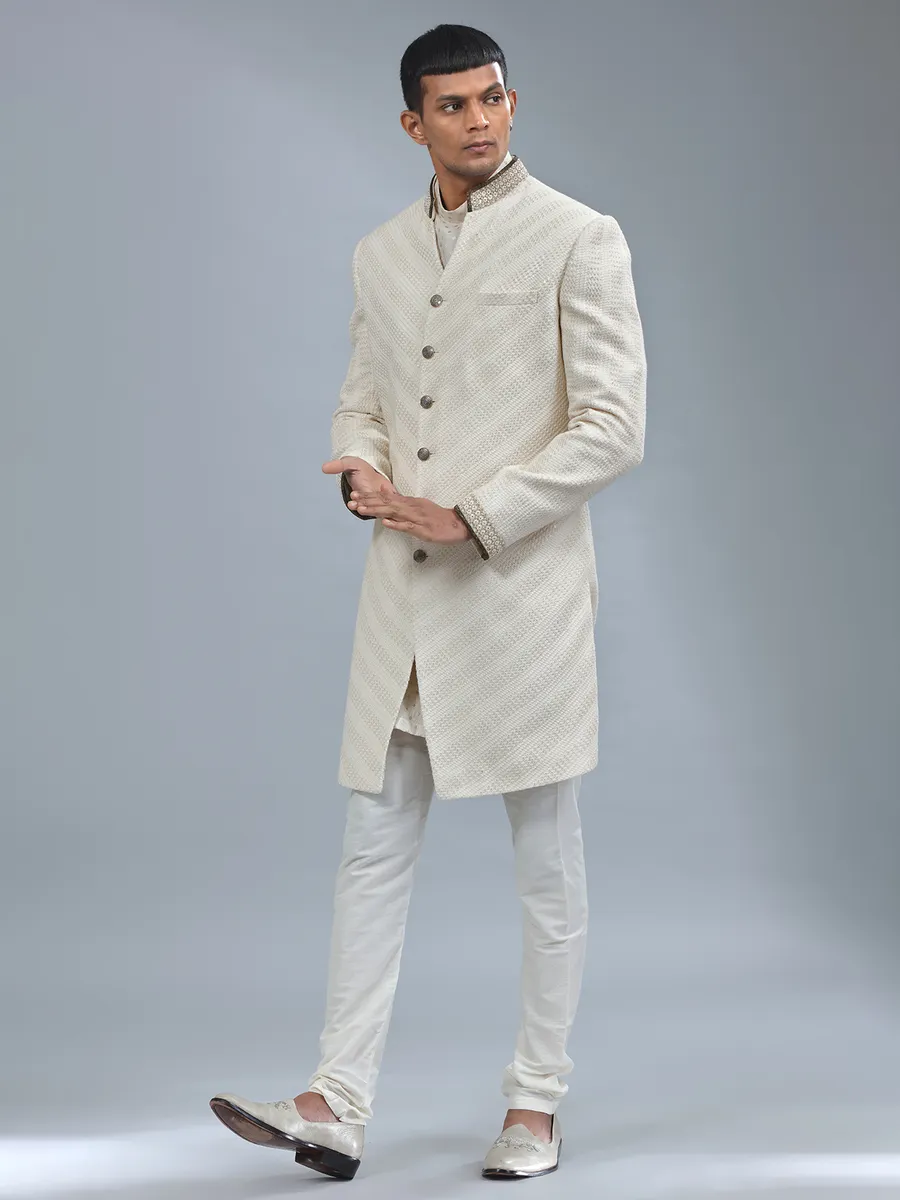 Cream textured terry rayon indowestern