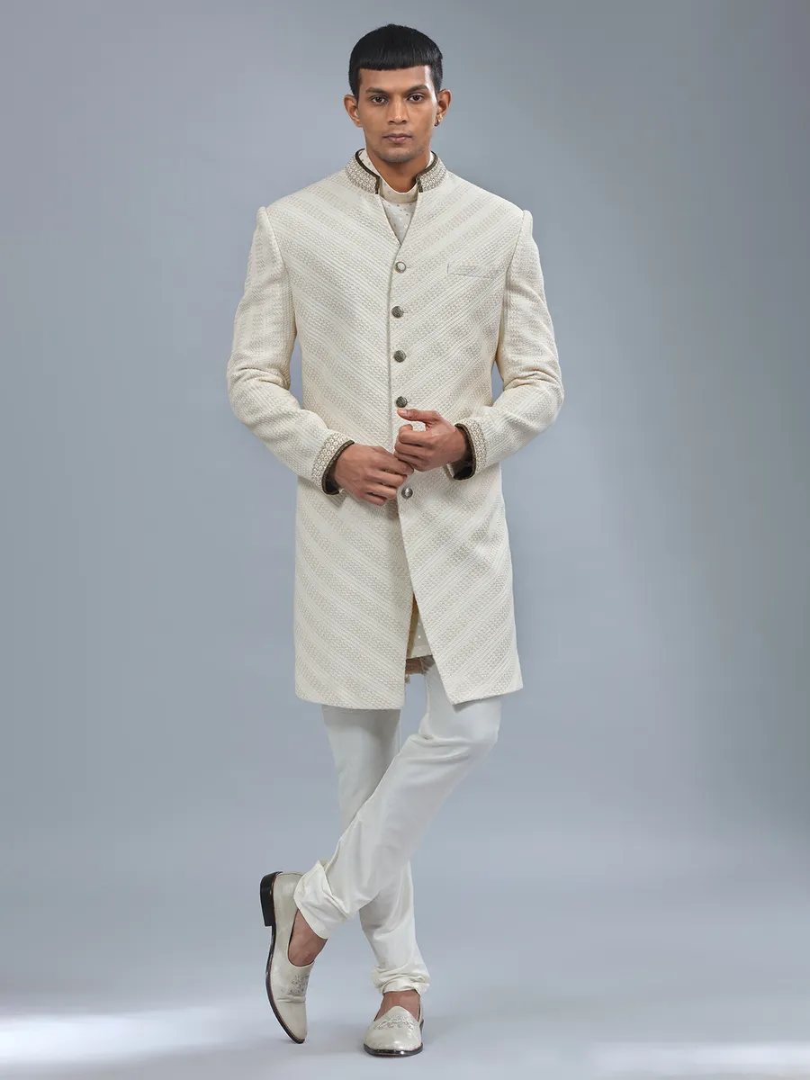 Cream textured terry rayon indowestern