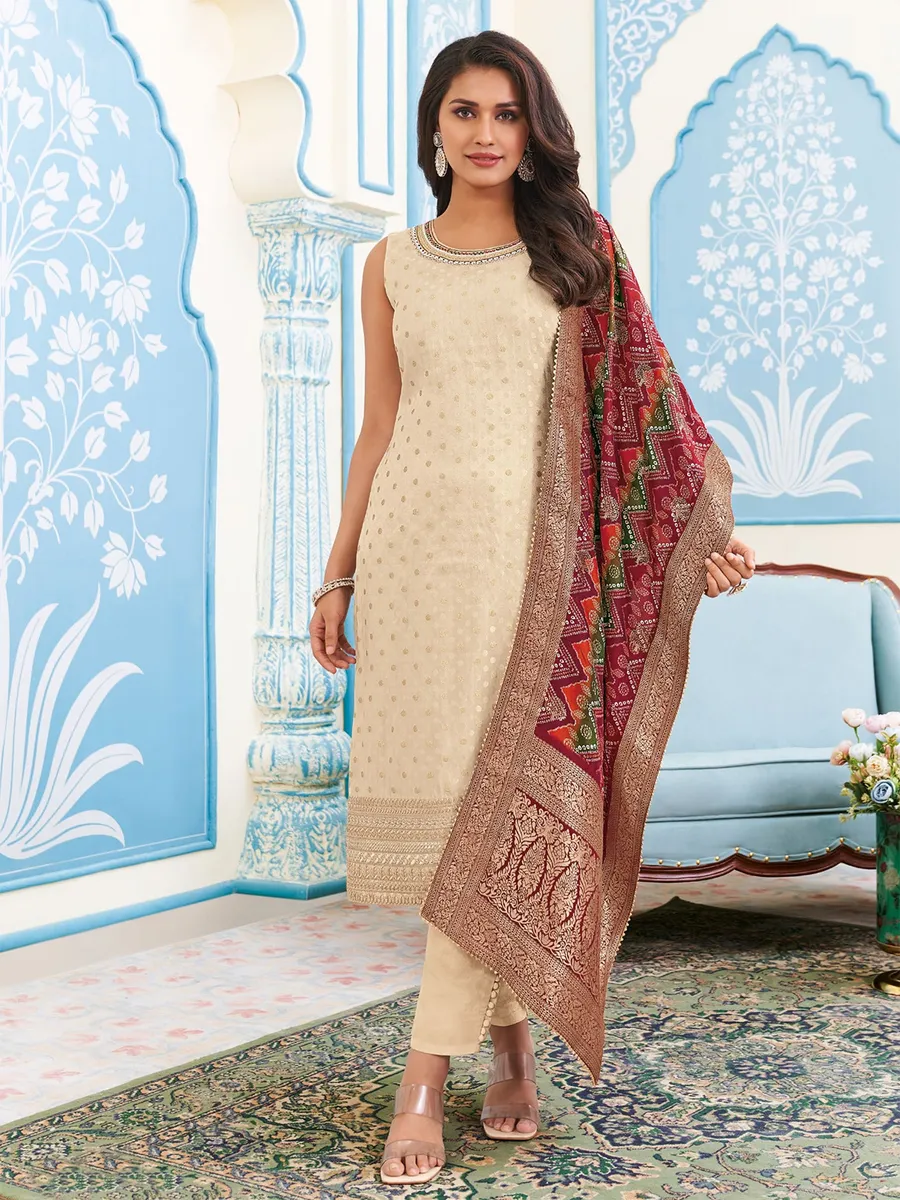 Cream tissue silk straight cut salwar suit