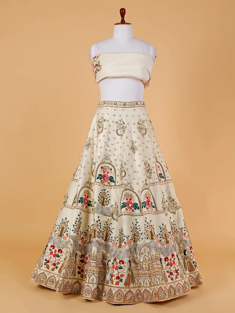 Cream unstitched raw silk lehenga choli