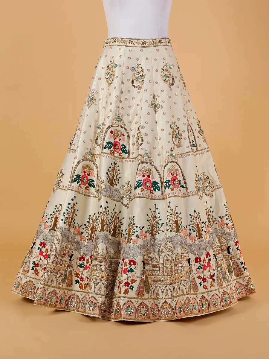 Cream unstitched raw silk lehenga choli