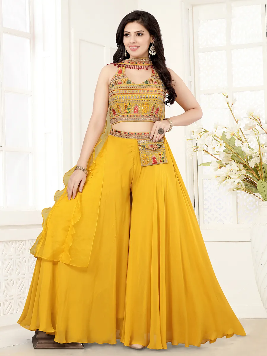 Crop top style palazzo suit in mustard yellowG3WSS39926