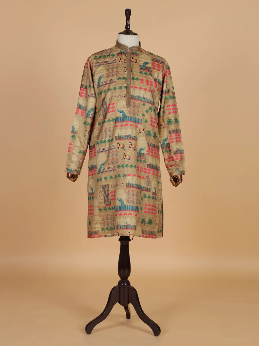 Dark beige printed kurta suit for festival for men