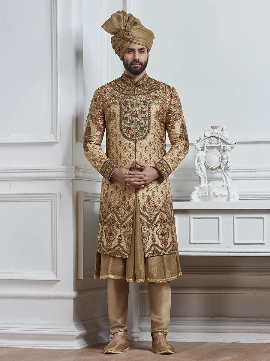 Dark beige silk wedding wear sherwani