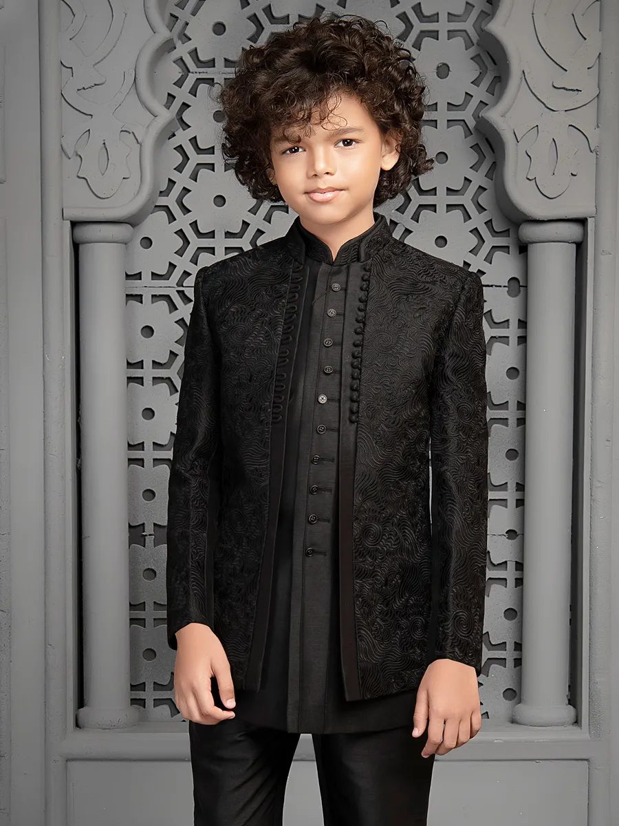 Dark Black charming indo western in raw silk for boys