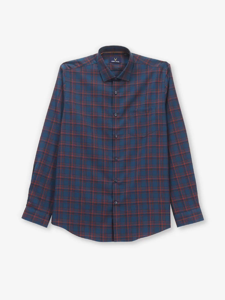 ALLEN SOLLY dark blue checkered cotton casual slim fit shirt