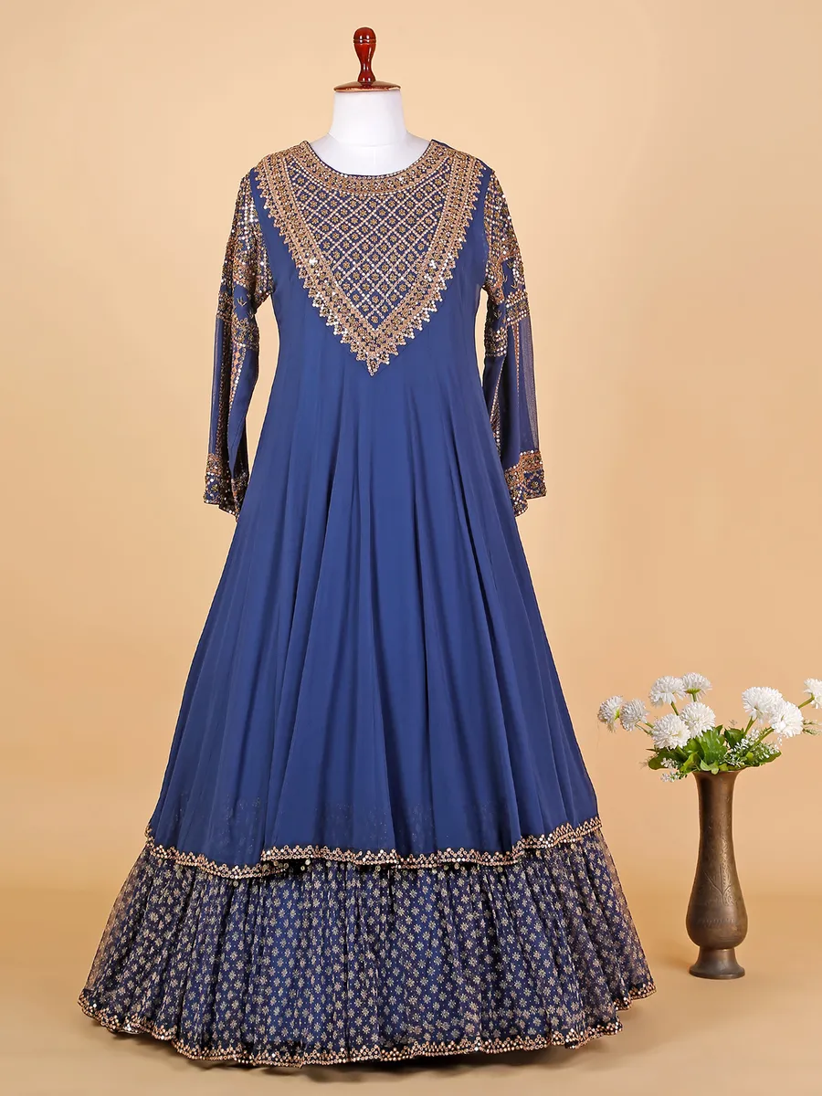 Dark blue georgette floor length suit