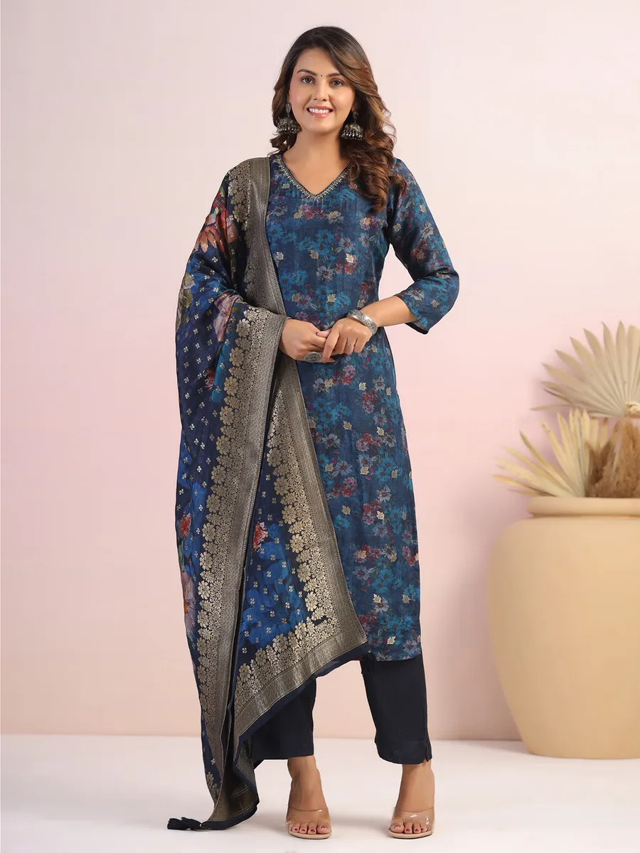 Dark blue silk floral printed kurti set