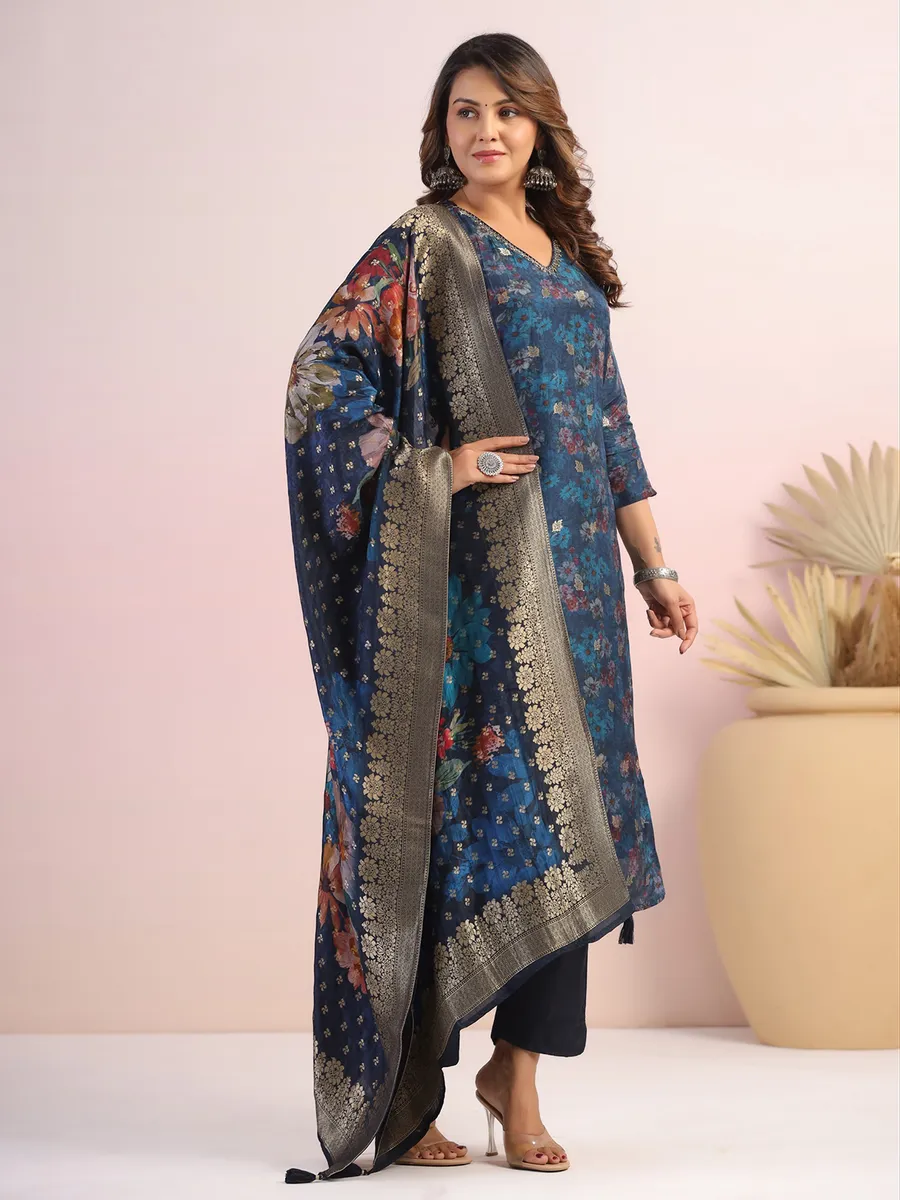 Dark blue silk floral printed kurti set