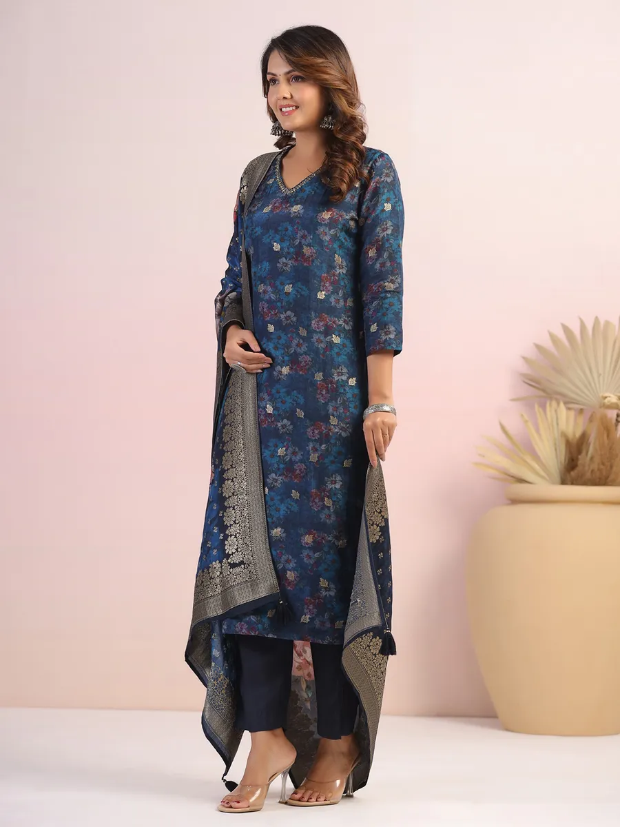 Dark blue silk floral printed kurti set