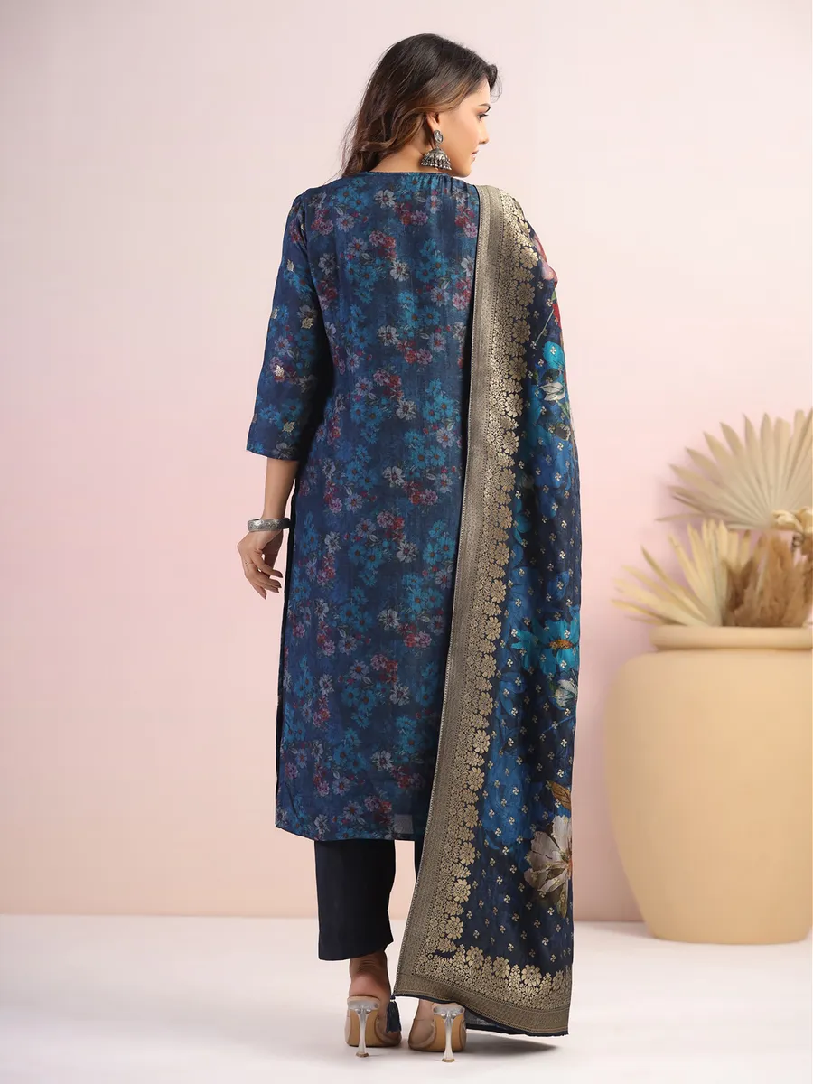 Dark blue silk floral printed kurti set