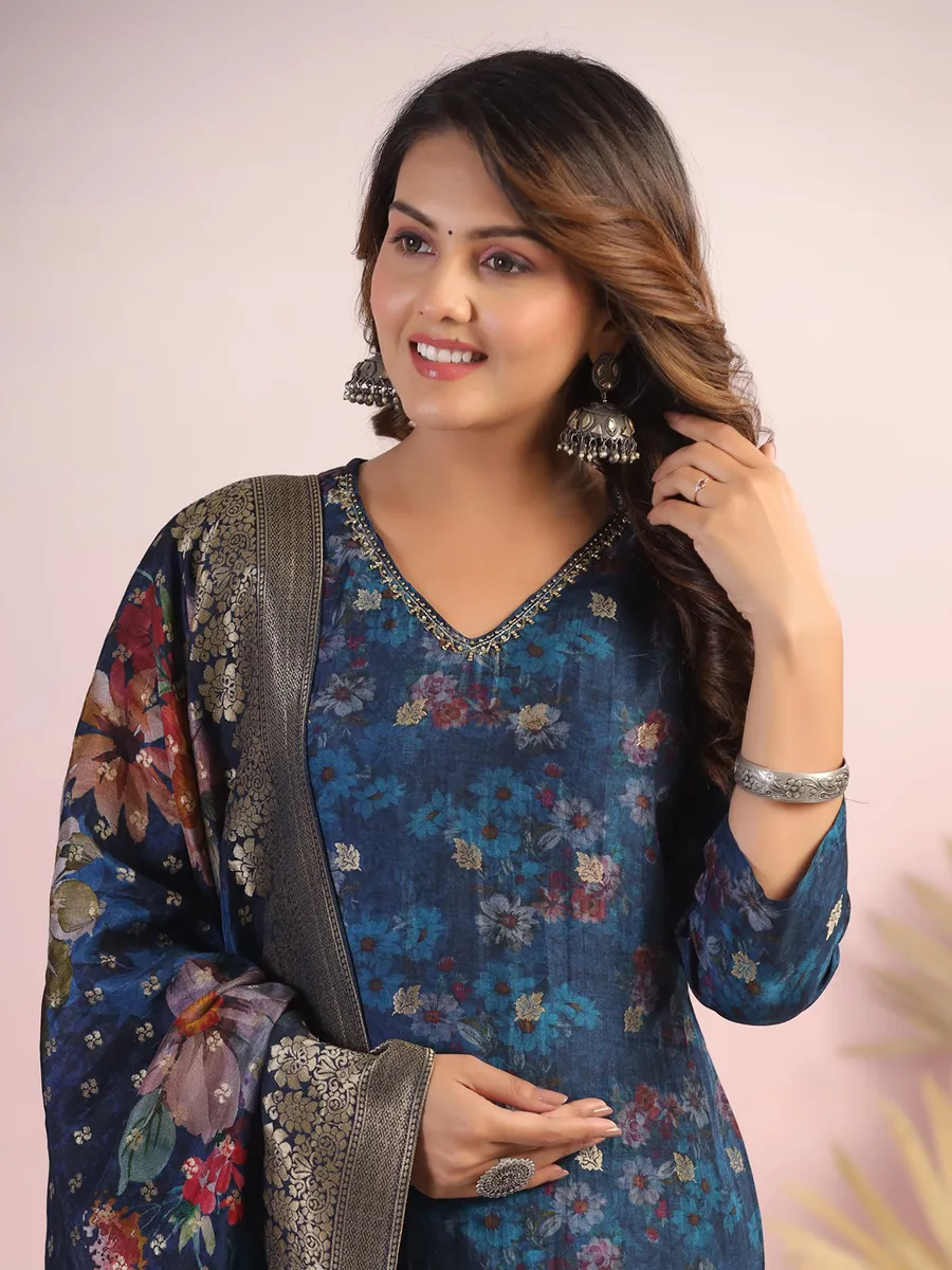 Dark blue silk floral printed kurti set