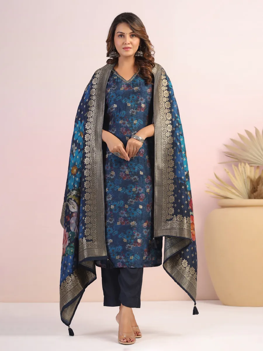 Dark blue silk floral printed kurti set