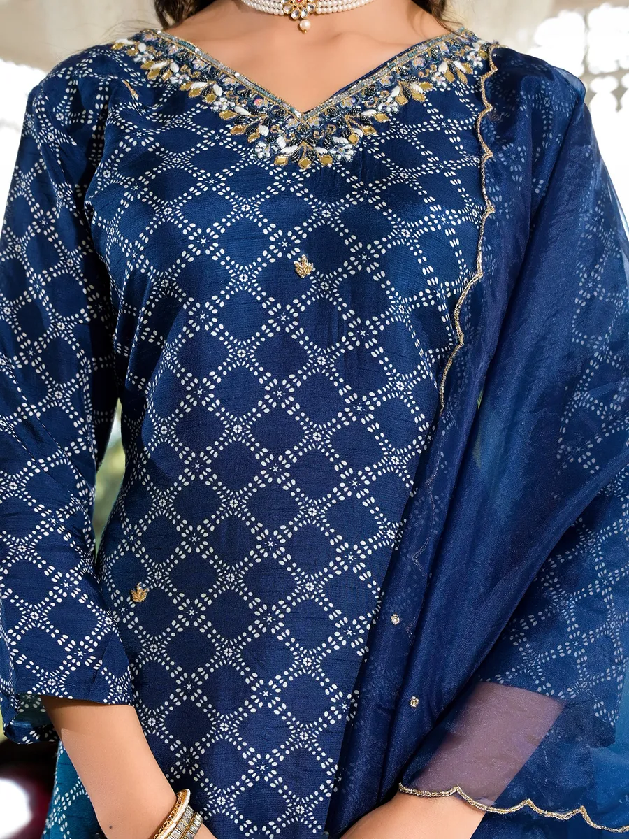 Dark blue silk printed kurti set