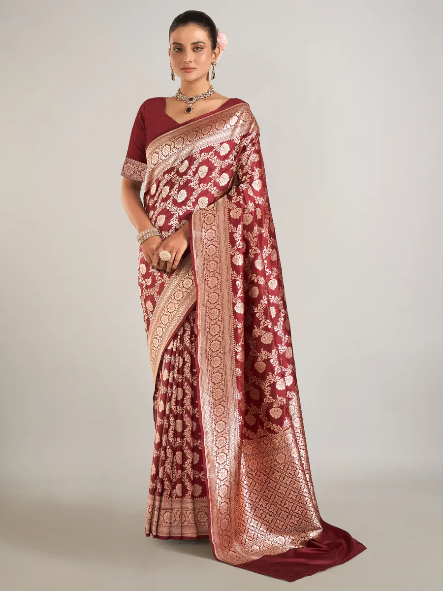Dark brown zari weaving banarasi silk saree