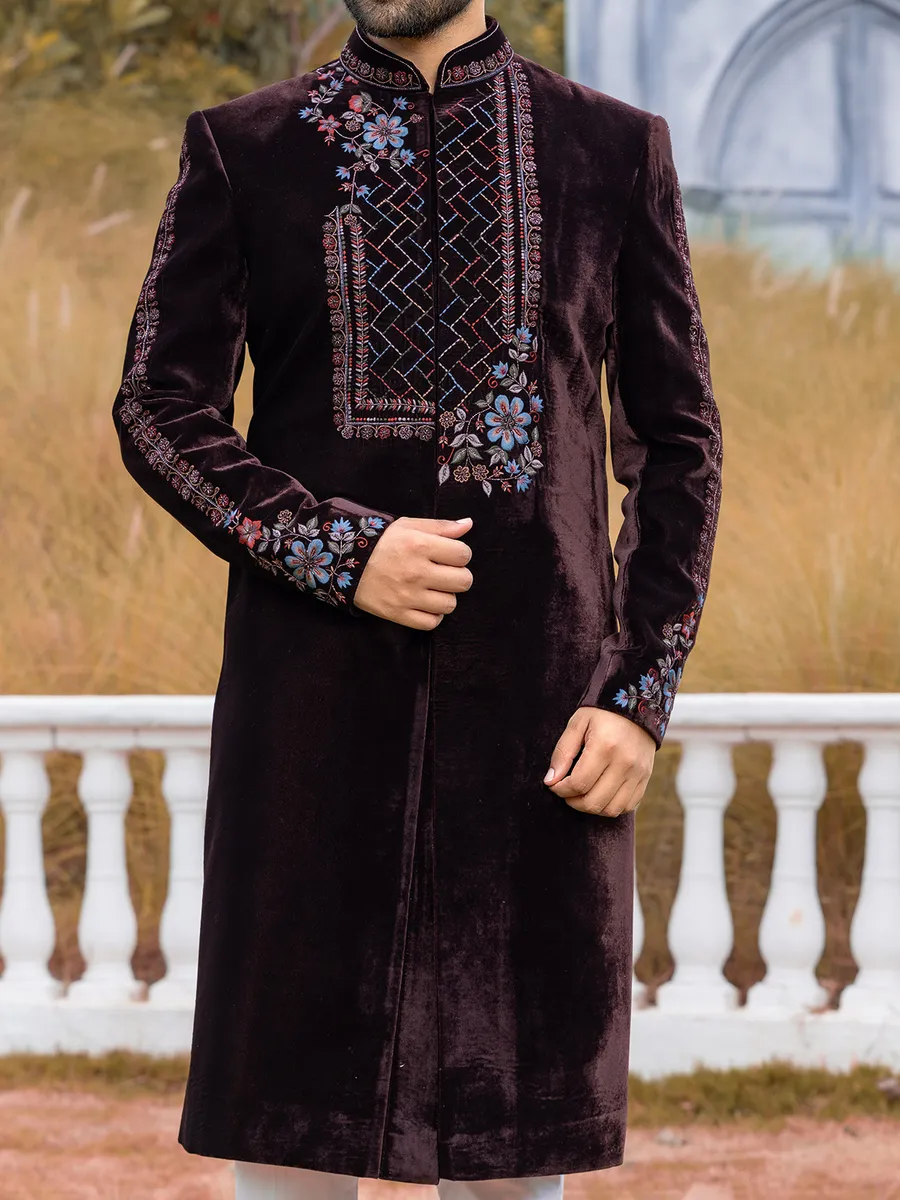 Dark chocolate brown velvet Indowestern for men