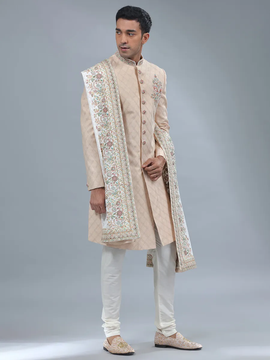 Dark cream silk sherwani for wedding