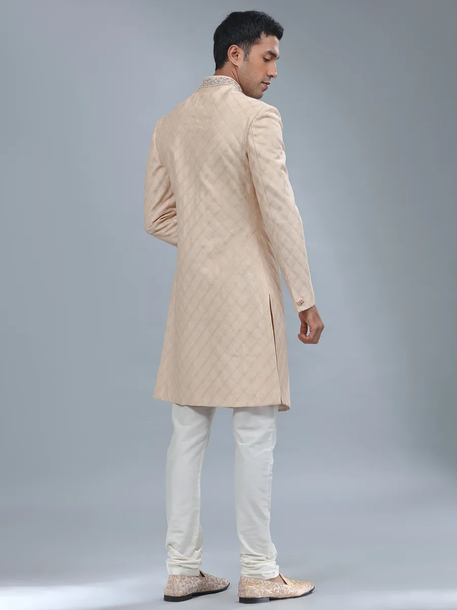 Dark cream silk sherwani for wedding