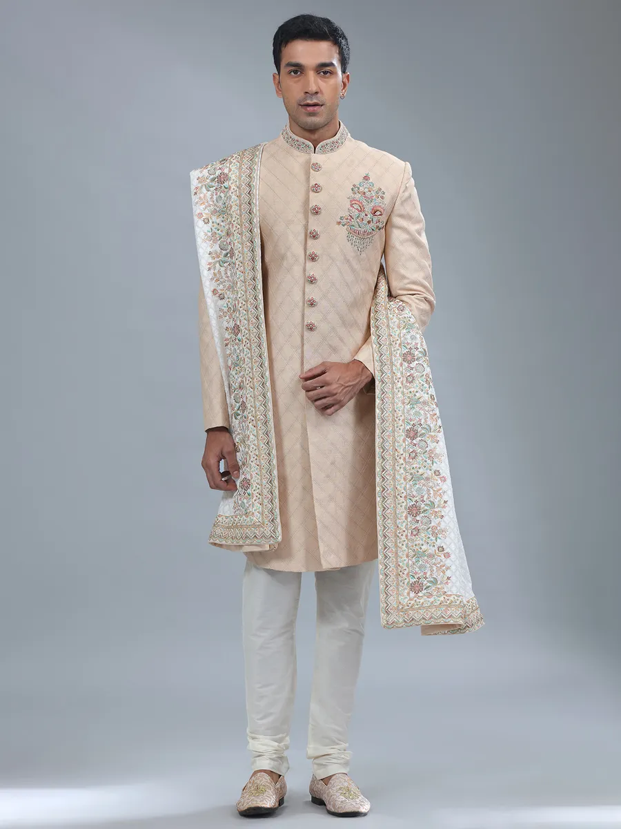 Dark cream silk sherwani for wedding
