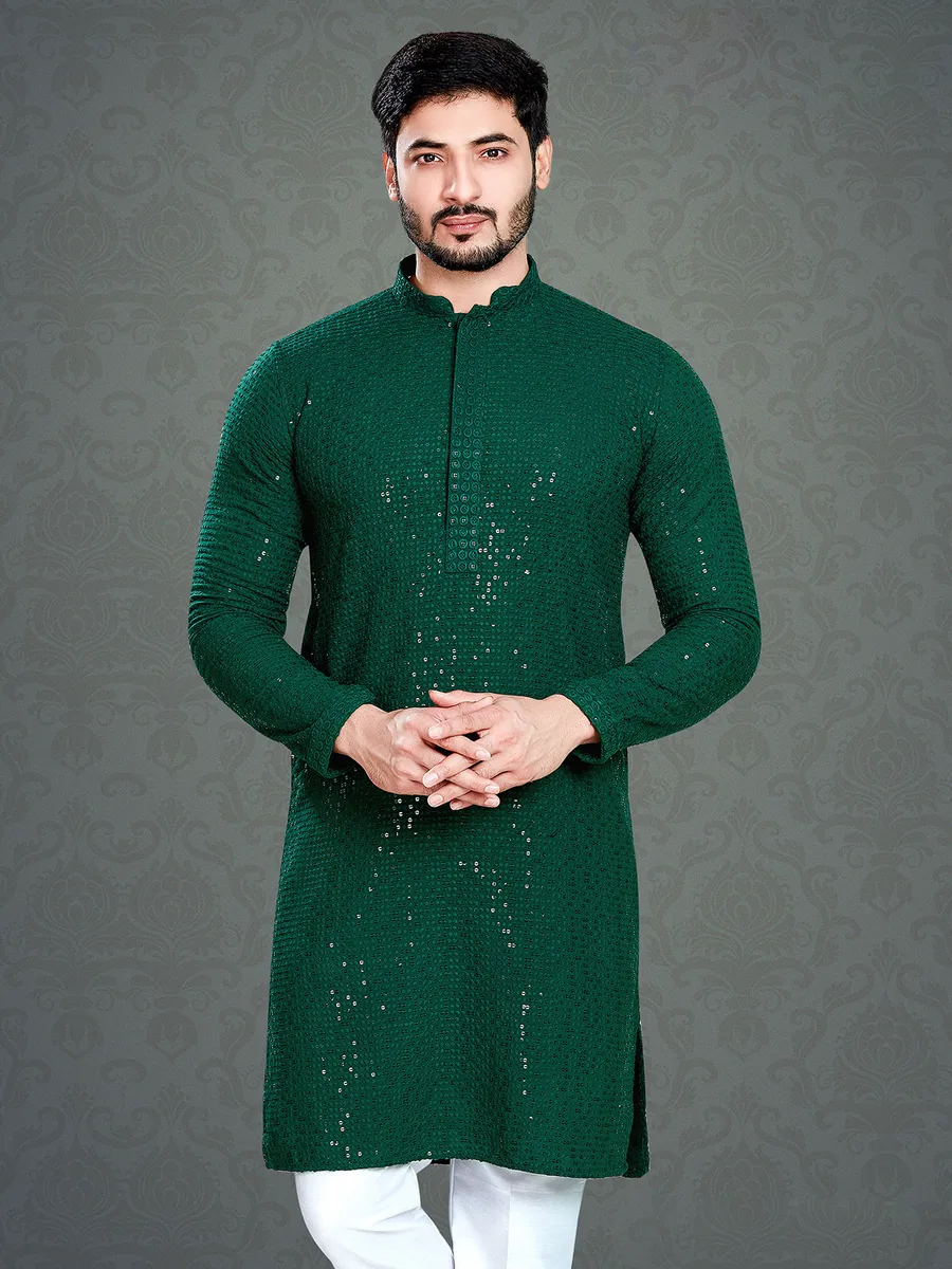 Dark green cotton embroidery kurta