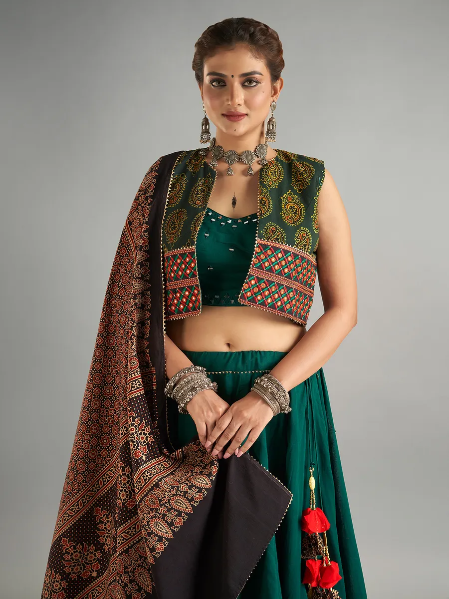 Dark green cotton jacket style chaniya choli