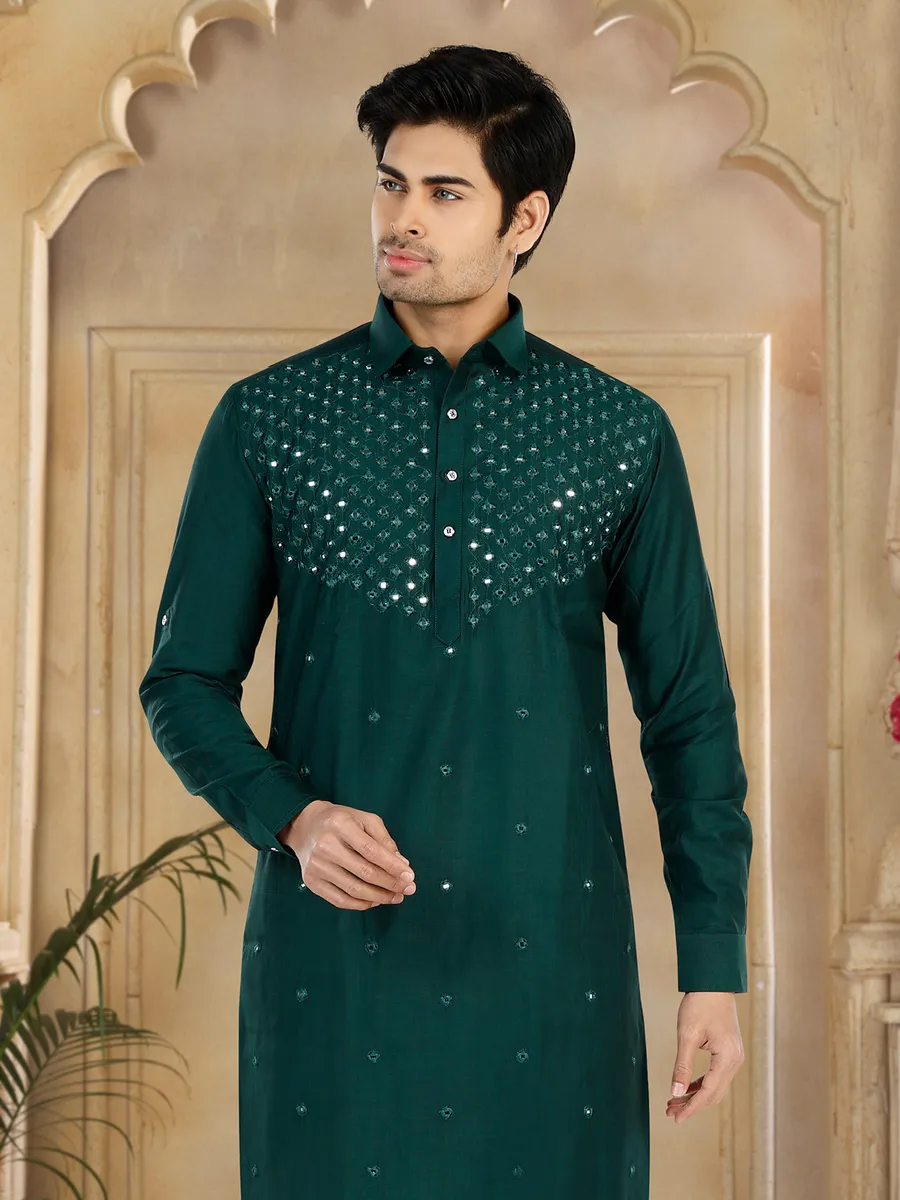 Dark green cotton pathani suit