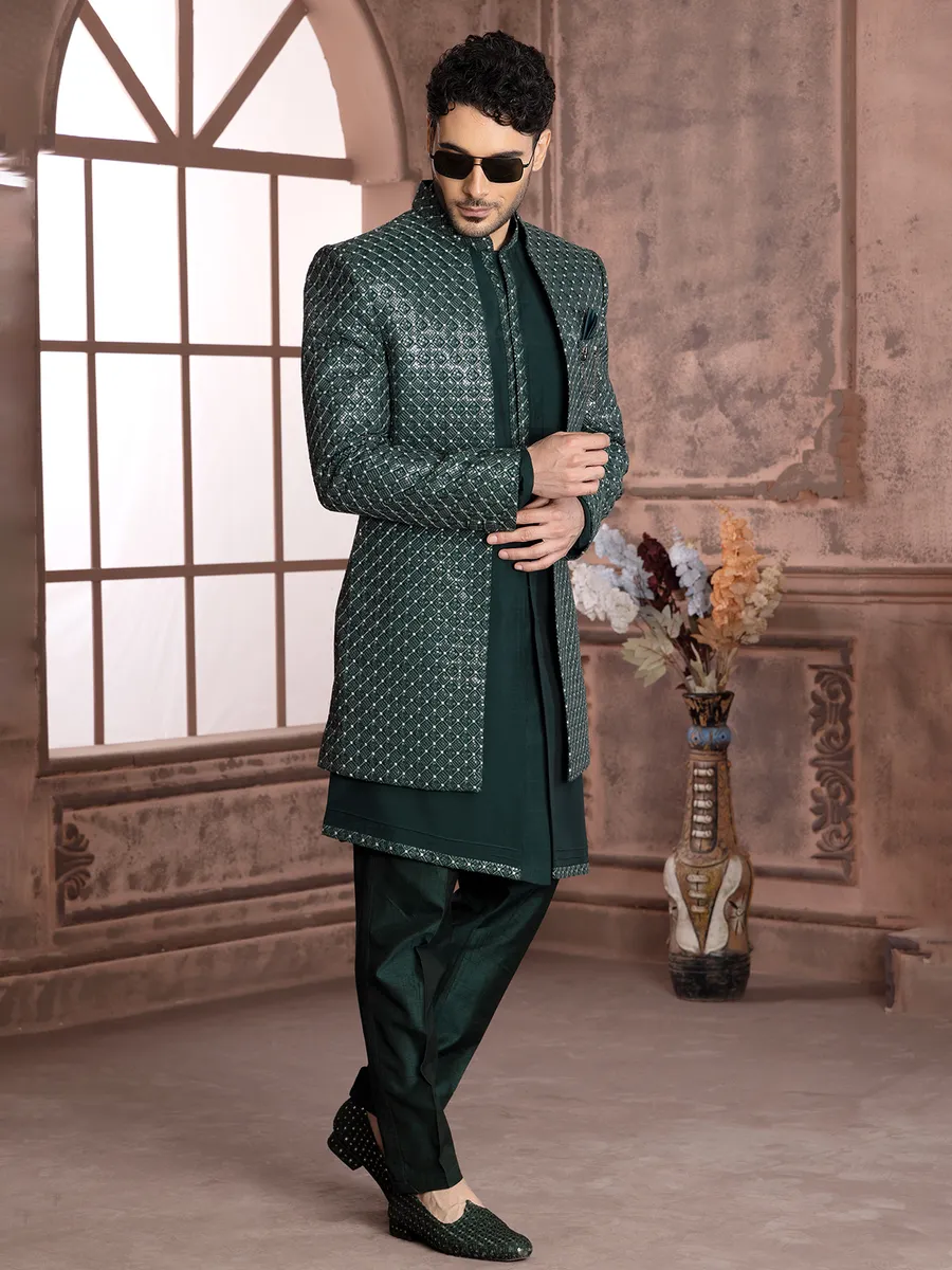 Dark green embroidery indowestern