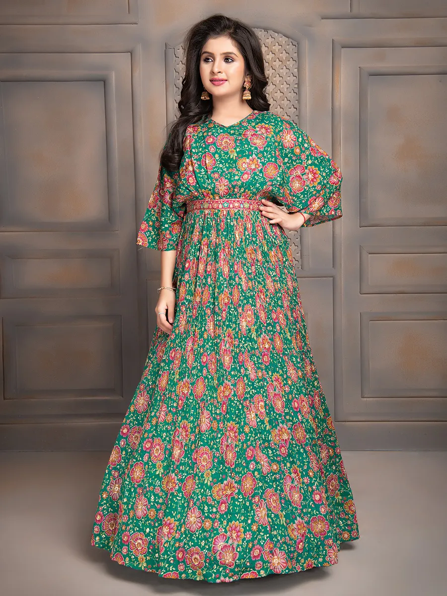 Dark green floral printed gown