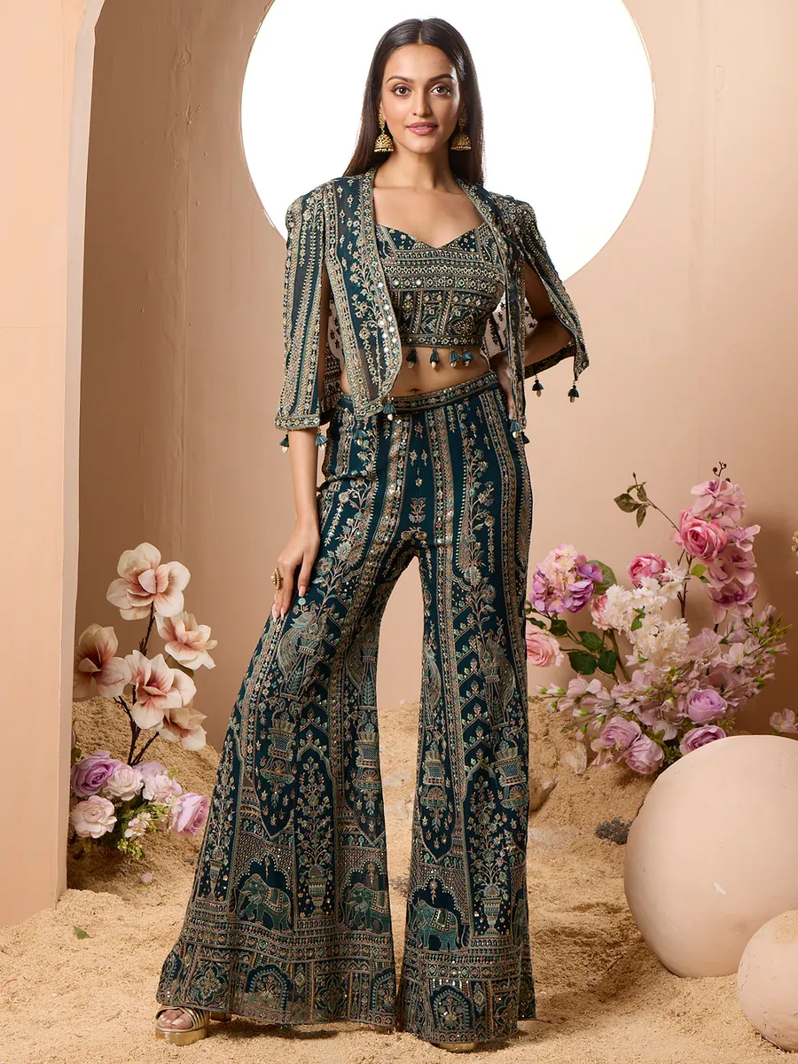 Dark green jacket style palazzo suit for women