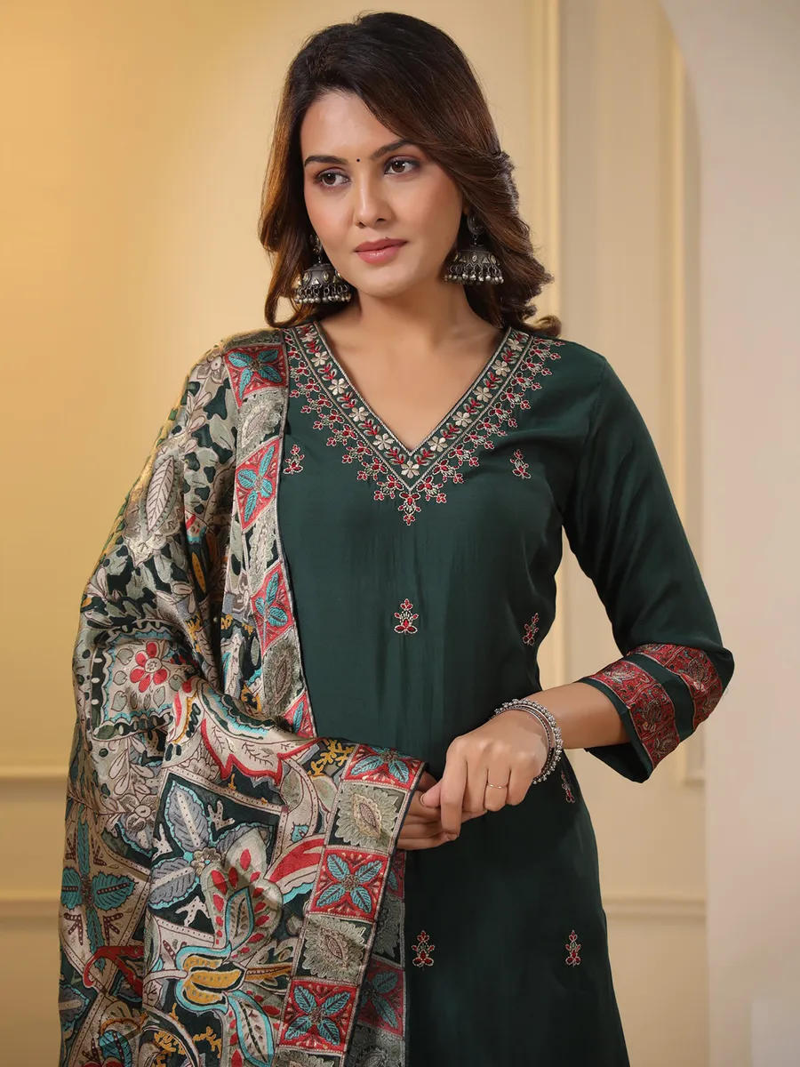 Dark green kurti set with printed dupatta