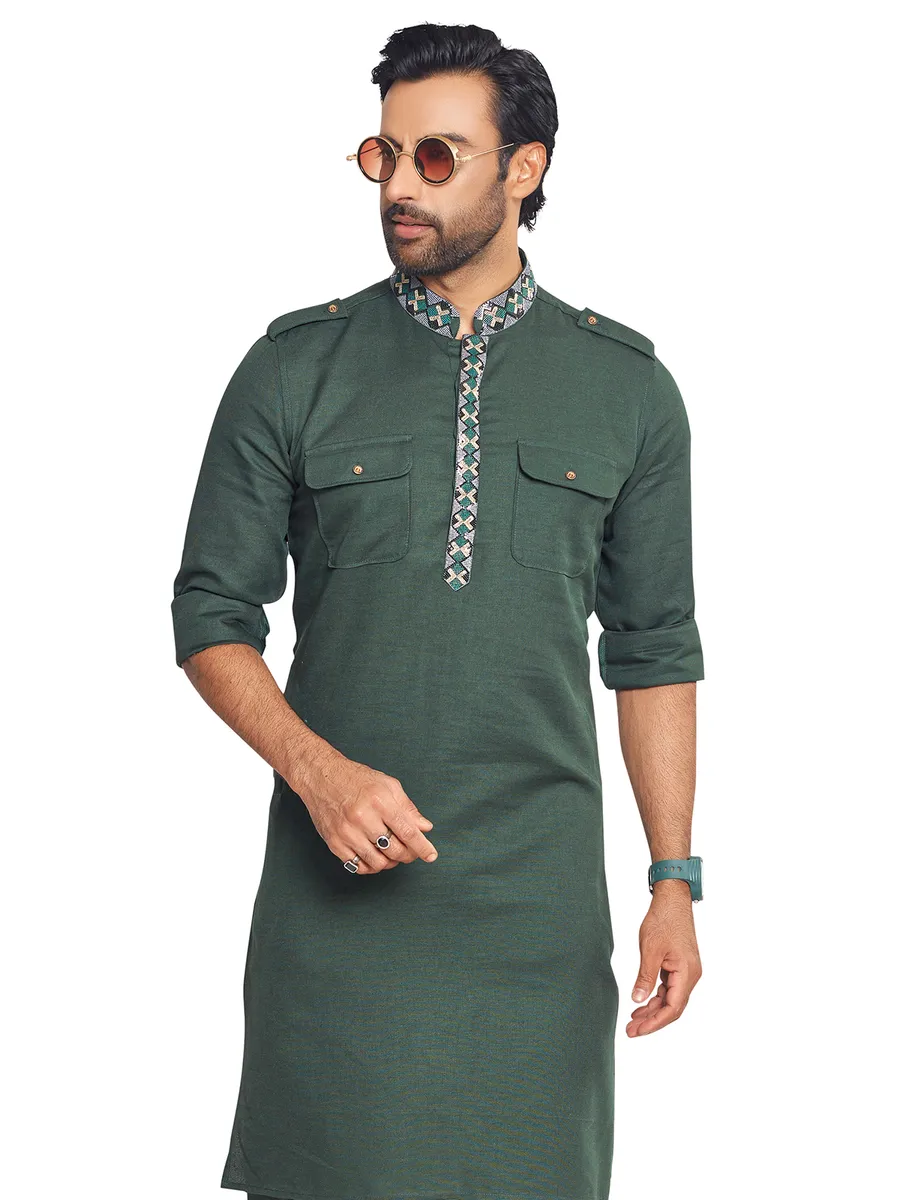 Dark green plain pathani suit in cotton