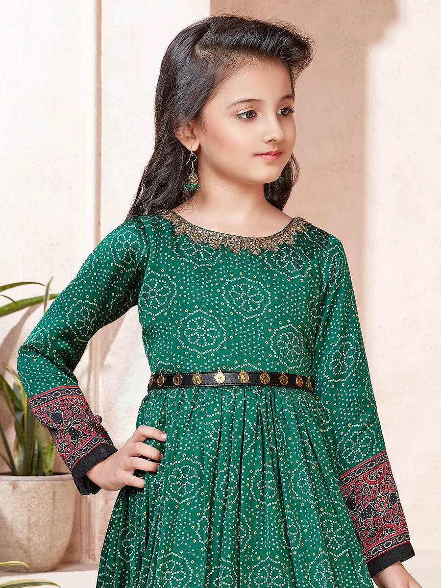 Dark green printed festive look satin silk anarkali suit