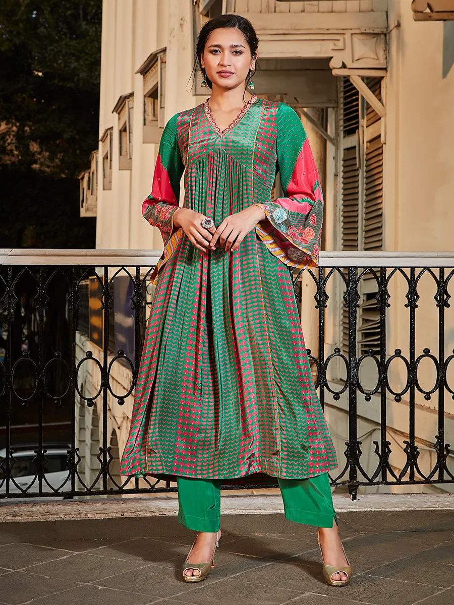 Dark green printed silk kurti with pant