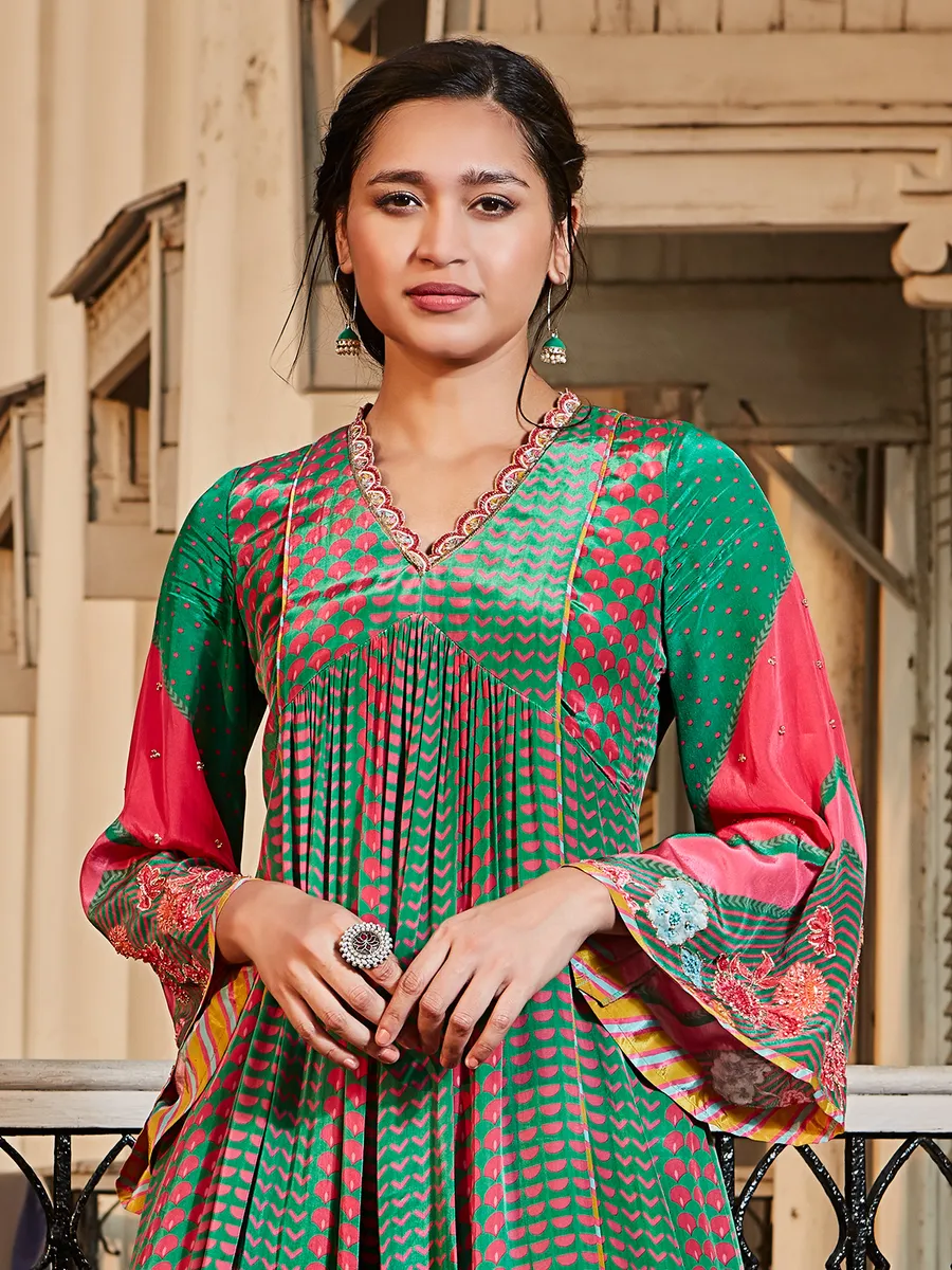 Dark green printed silk kurti with pant